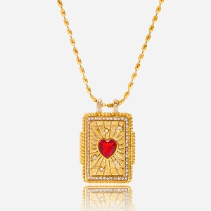 Vintage 18K Gold Plated Stainless Steel Red Heart Rhinestone Rectangle Pendant Necklace Retro Jewelry Gift For Women