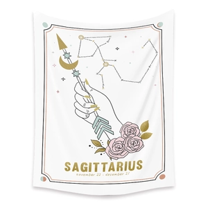 Detail of Sagittarius tapestry with hand-drawn bow, pink roses and star constellation