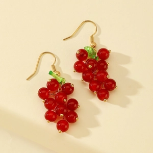 Vintage red grape earrings with green leaves and gold hooks for a summer aesthetic