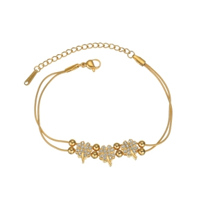Double-layered gold stainless steel four-leaf clover bracelet with sparkling rhinestones