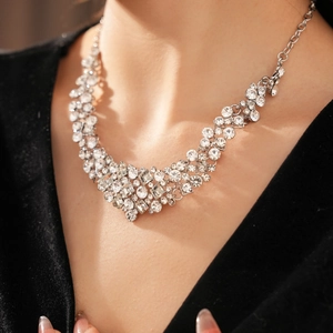 Close-up of sparkling rhinestone necklace set on model showcasing luxury diamond design