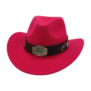 Western magenta cowboy hat with floral embroidery and turquoise silver buckle