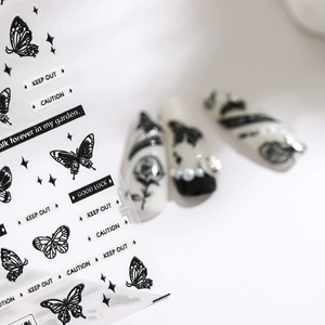 3D butterfly nail stickers with black and white patterns and English slogans on clear film
