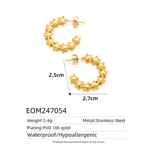 Detail showing 2.5x2.7cm measurements of 18K gold plated hollow star-shaped hoop earrings