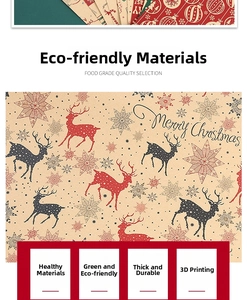 Detail of kraft Christmas wrapping paper featuring red reindeer and snowflakes patterns