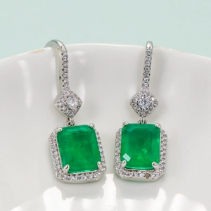 Vintage Emerald Green Zirconia Drop Earrings Rectangular Inlaid Rhinestone Copper Silver Gold Plated Jewelry For Women Gift