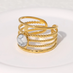 Adjustable golden multi-layer stainless steel ring with white marble stone inlay