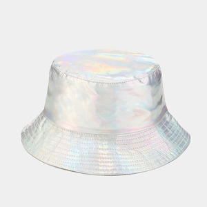 Detailed view of iridescent silver bucket hat with reinforced stitching and laser texture