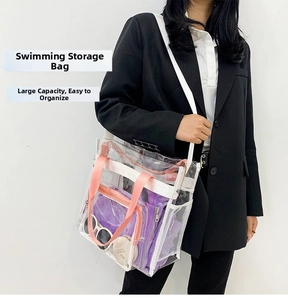 Detail of transparent PVC beach bag featuring pink straps and side mesh pocket