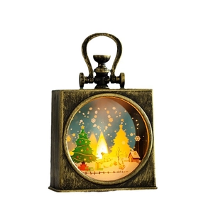 Vintage bronze Christmas lantern with snowman and warm LED light on white background