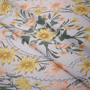 Close-up of bohemian woven tapestry fabric showing yellow floral patterns and texture