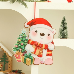Detail of Christmas white bear hanging ornament with festive scarf and gift box