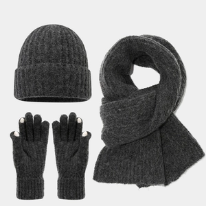 Detailed view of dark grey chunky knit winter set with touchscreen gloves and ribbed texture