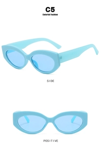 Side and front view of retro ice blue cat eye sunglasses with thick angular frames
