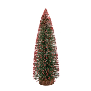 Miniature flocked Christmas tree with red-tipped green bristles and natural wood base