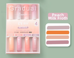 Close-up of four gradient highlighters in peach cream tones with soft ink swatches