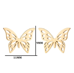 Macro shot of gold butterfly ear studs showing dimensions eleven millimeters by nine millimeters