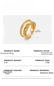 Detailed view of adjustable double-layered gold ring with hammered texture in steel