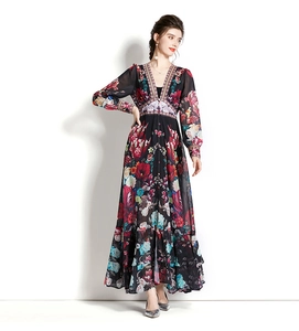 Close-up of bohemian floral print dress featuring deep V-neck and ruffled lantern sleeves