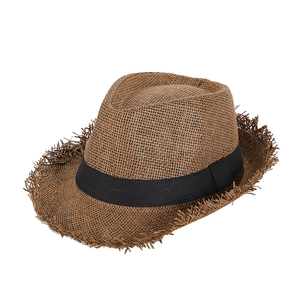 Brown straw fedora hat with black ribbon and frayed edges for stylish sun protection