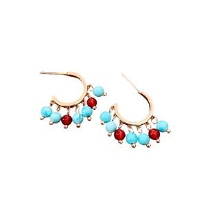 14K gold plated C-hoop earrings with turquoise and red agate beads on white background