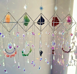 Set of 5 diamond crystal suncatchers with natural raw stones and rainbow light prisms
