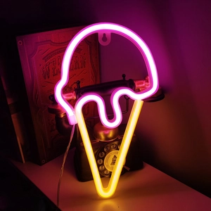 Pink and yellow LED ice cream neon sign light with hanging hole for wall decor