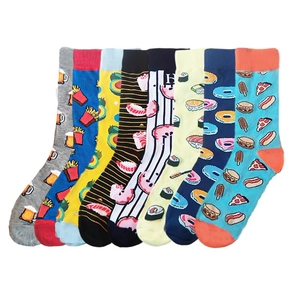 Chaussettes en coton aux motifs alimentaires colorés de frites, pizza et bière