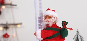 Electric climbing Santa Claus on white ladder with red gift bag Christmas decor