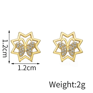 Detailed view of butterfly stud earrings with gold plating and cubic zirconia 1.2cm