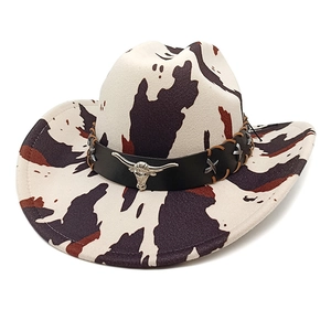 Western Cowboy Hat Wide Brim Cow Leopard Print Bull Head Metal Decoration Polyester Felt Outdoor Sun Hat Unisex