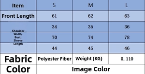 Detailed size chart for long sleeve turtleneck sweater showing S, M, L measurements