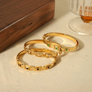 Square Shell Inlay Geometric Hollow Chain Bangle 18K Gold Plated Stainless Steel Bracelet Vintage Elegant Jewelry For Women