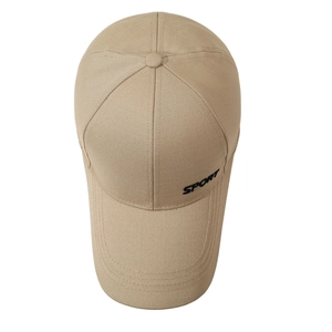 Khaki cotton baseball cap with black Sport embroidery and multi-row stitched brim