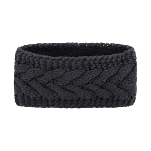 Detail of cable knit headband in black with warm fleece lining for winter comfort