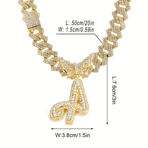 Gold iced out hip hop necklace featuring a butterfly clasp and a crystal letter A pendant