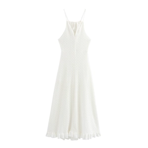 White halter neck long dress with hollow-out knit lace and ruffle hem details