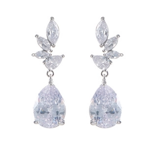 Detailed view of teardrop zircon earrings with silver alloy and marquise leaf stones