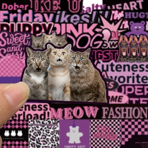 Waterproof cool graffiti stickers featuring three funny surprised cats on purple background
