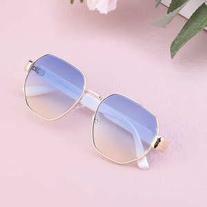 Fashionable square gold metal sunglasses with blue-orange gradient lenses for women