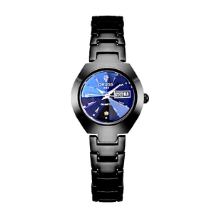 Montre à quartz élégante pour femme avec cadran bleu foncé et bracelet en métal noir