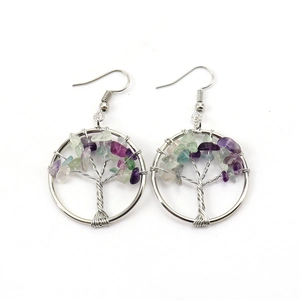 Detail of silver wire-wrapped tree of life earrings featuring colorful natural crystals