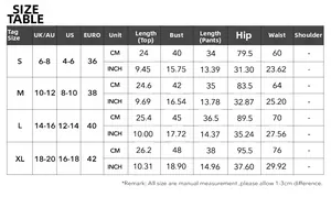Size chart for women yoga sport vest and short skirt two-piece set with US UK EU measurements