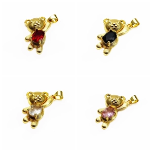 Detailed view of four copper teddy bear pendants with colorful zircon heart stones