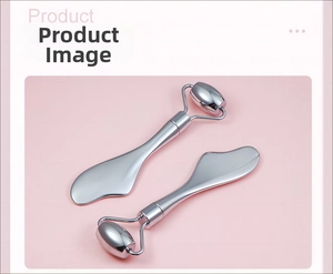 Macro view of stainless steel facial massage roller and heart shaped gua sha tool