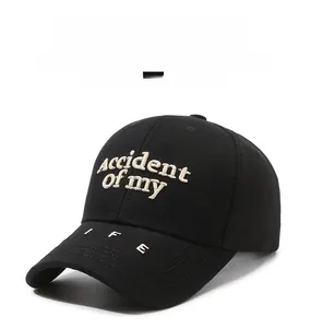 Close-up of white letter embroidery on a black cotton baseball cap with ventilation eyelets