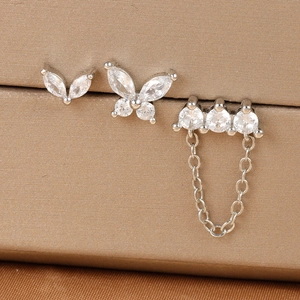 Three-piece stainless steel butterfly and zircon ear stud set with delicate silver chains