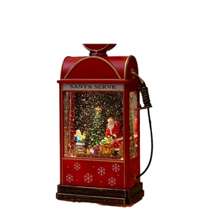 Christmas Santa fueling station snow globe lantern with festive lights on white background