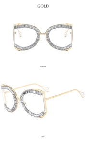 Detail of gold metal oversized sunglasses with crystal rhinestones and pearl tips