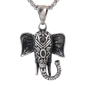 Vintage stainless steel elephant head pendant necklace with intricate punk carvings